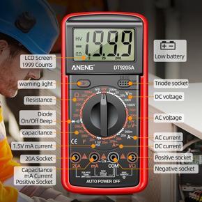 LCD Digital Multimeter Portable 1999 Counts Multitester AC/DC Voltage Diode Tester Current Resistance Capacitance Meter Ammeter with Test Probe