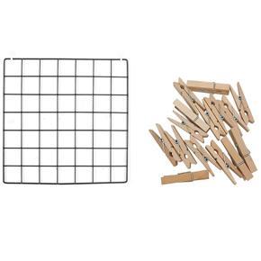 Multi-Function Metal Grid Photo Frame Wall Display Mesh Shelf Organizer Rack Holder + 20Pcs Wooden Clips(Black)