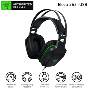 RAZER Electra V2 USB Gaming Headphones 7.1 Surround Sound Auto Adjusting Headband Detachable Boom Mic with In-Line Controls Gaming Headset