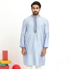 MENS SEMI LONG PUNJABI - WHITE & BLUE