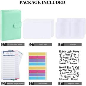 XHHDQES 2X Budget Binder, A6 PU Leather Notebook Planner Organizer Refillable 6 Ring Binder Cover Letter Sticker Labels Green