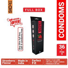 Skore - Strawberry Flavored Climax Delay Condom With 1500+ Raised Dots - Full Box + 3 Packs Free - 3x12=36pcs+9pcs Condoms