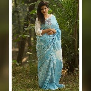 Sky Blue White Half Silk Saree for Women