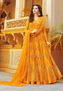 Green Gerogette Embroidery Semi Stitched Gown Dress For women