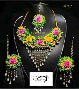 Artificial Flower Green Color Gohona Set For Girls & Women-4 pc