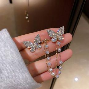 Korean Elegant Cute Trendy Fashionable Asymmetrical Rhinestone Butterfly Ear Cuff Pearl Stud Earring for Girls Simple Stylish - Earrings for Girls Stylish Simple Fashion Metal Cuff Pearl Chain Jewelry